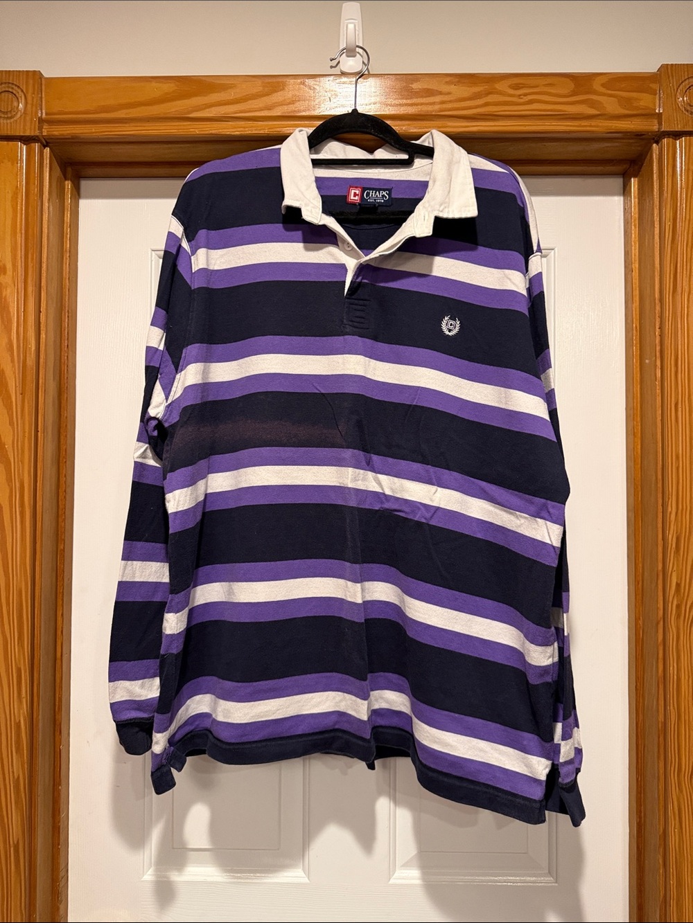 Chaps Long-Sleeve Striped Rugby Polo in Navy, Purple & White